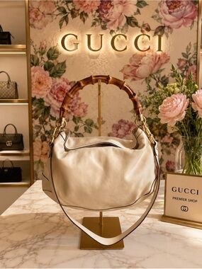 Gucci Cream off white Leather Bamboo-Handle Hobo Bag 1990’s